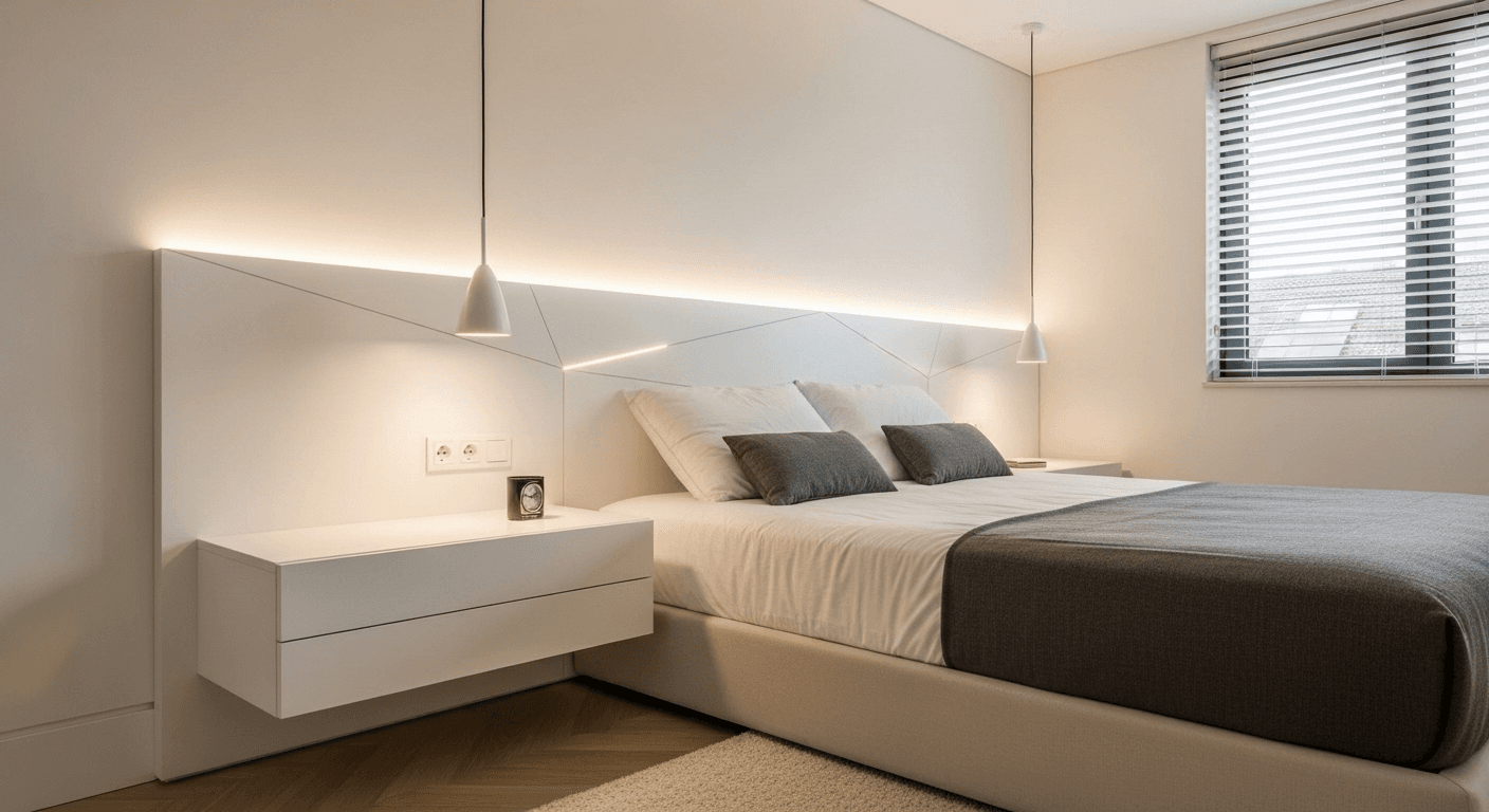 Contemporary minimalist bedroom with floating nightstands, built-in storage, and smart lighting