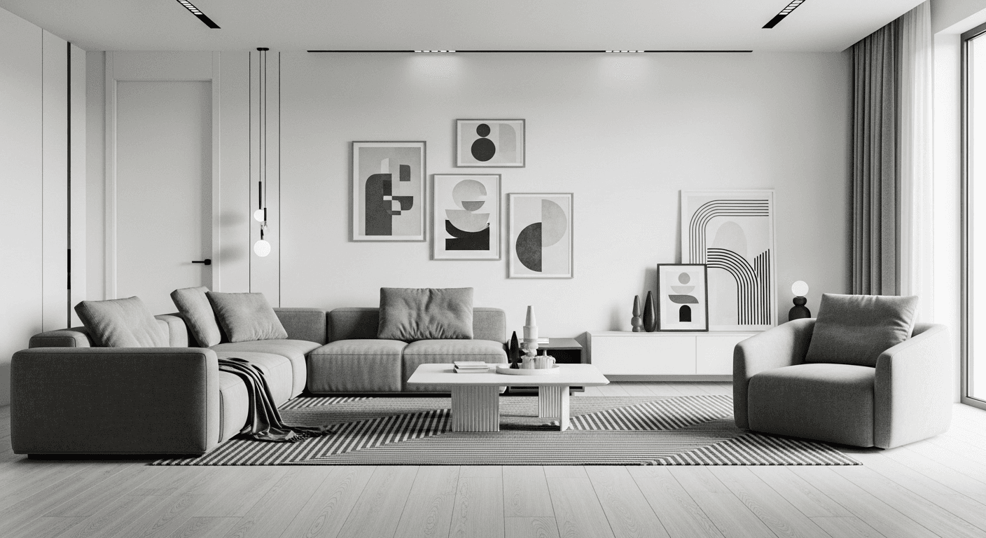 Contemporary minimalist living room featuring sleek furniture, monochromatic colors, and geometric design elements