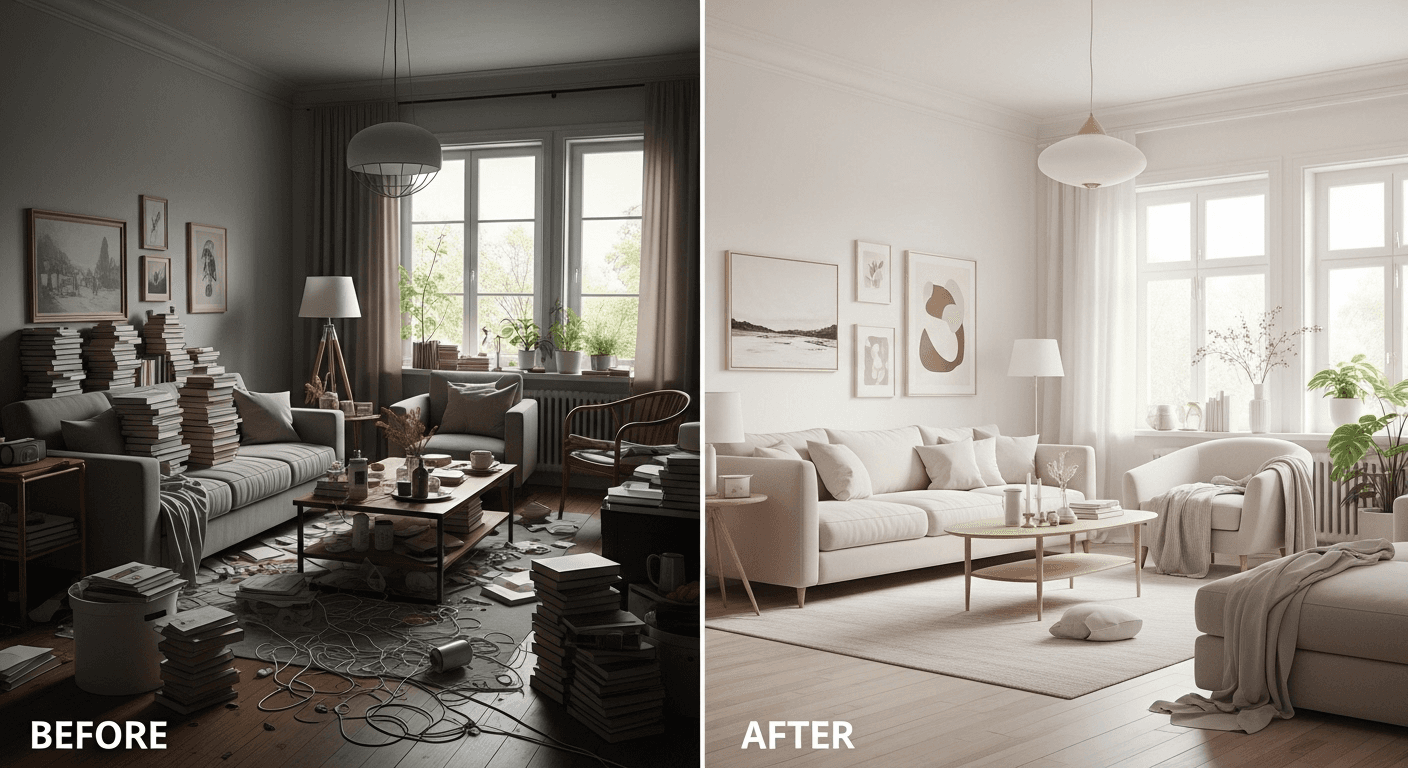Before and after decluttering process showing transformation from cluttered to minimalist living room