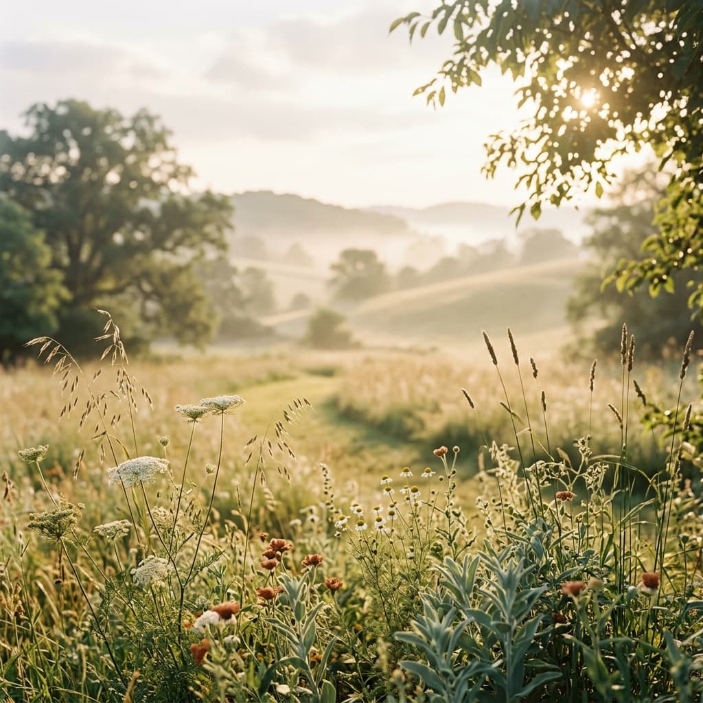 Serene meadow with soft morning light filtering through wildflowers
