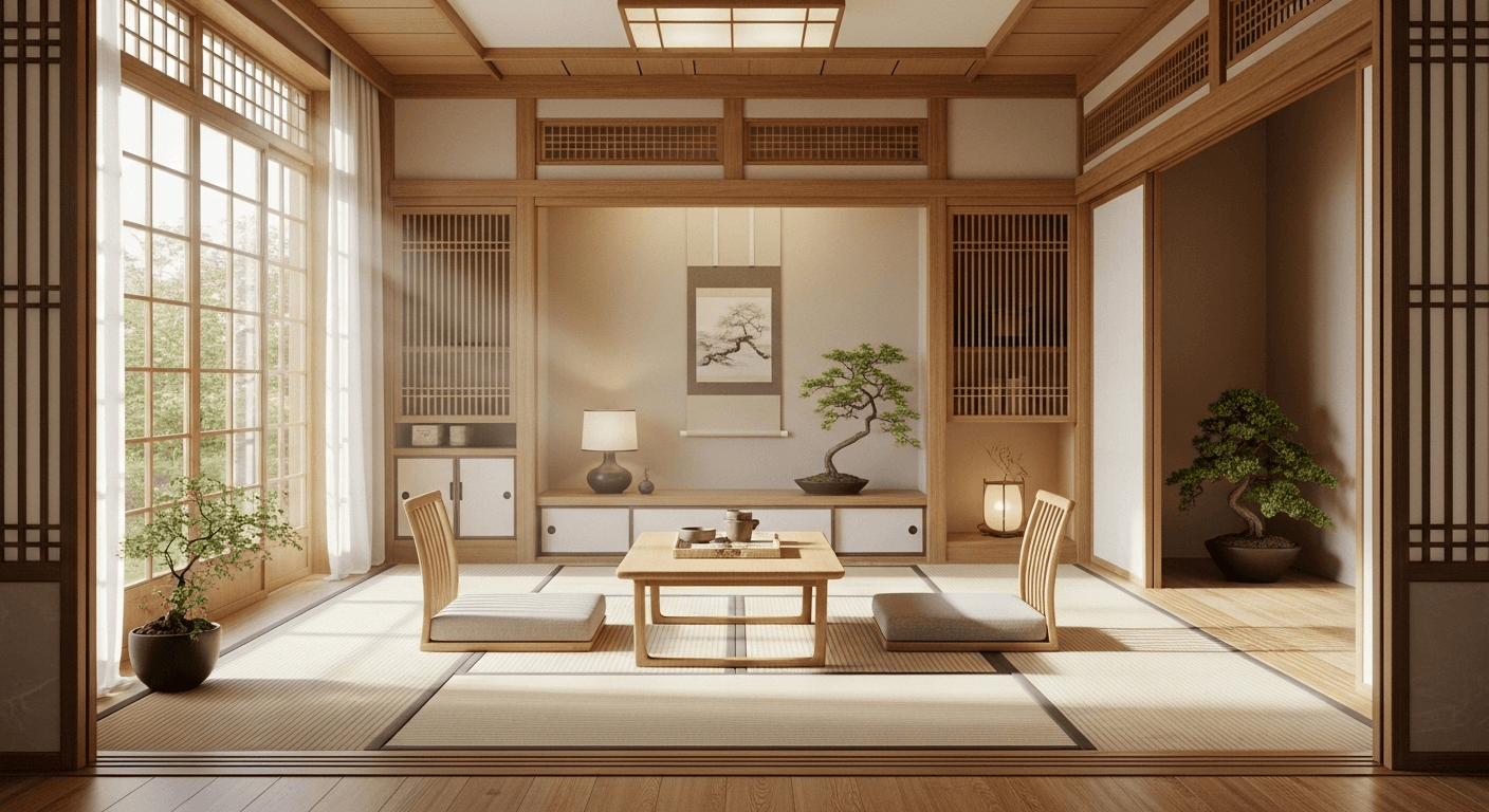Japanese zen minimalist living room with low furniture, natural wood, and tatami-inspired elements