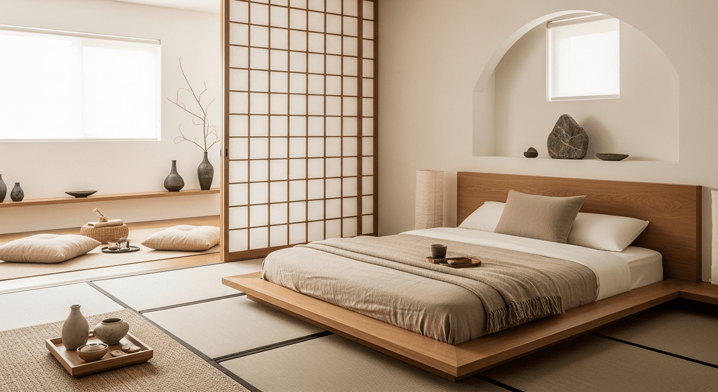 Japanese zen bedroom with low platform bed, tatami mat, and sliding shoji screen