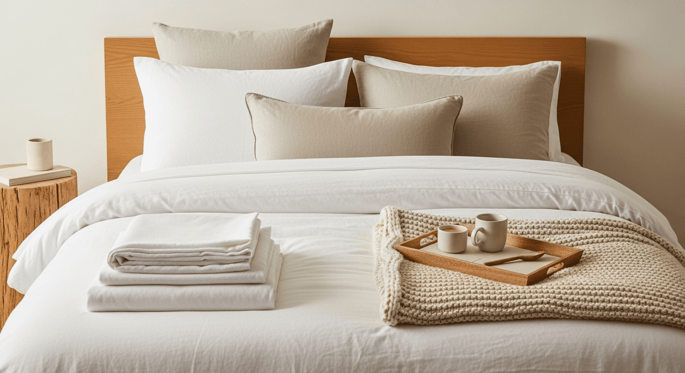 Minimalist bedding showcase featuring white linen sheets, neutral pillows, and a simple duvet