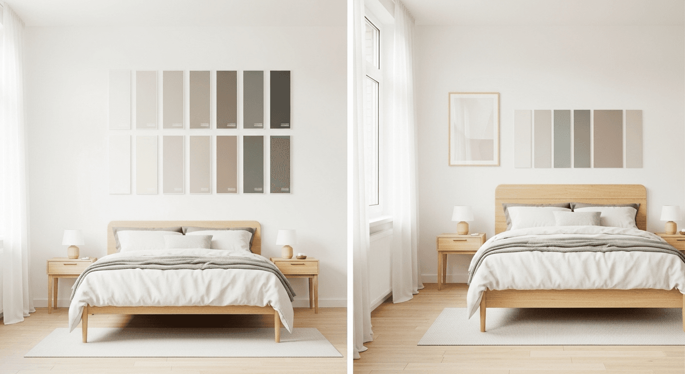 Minimalist bedroom color palette swatches showing calming neutral tones and accent colors