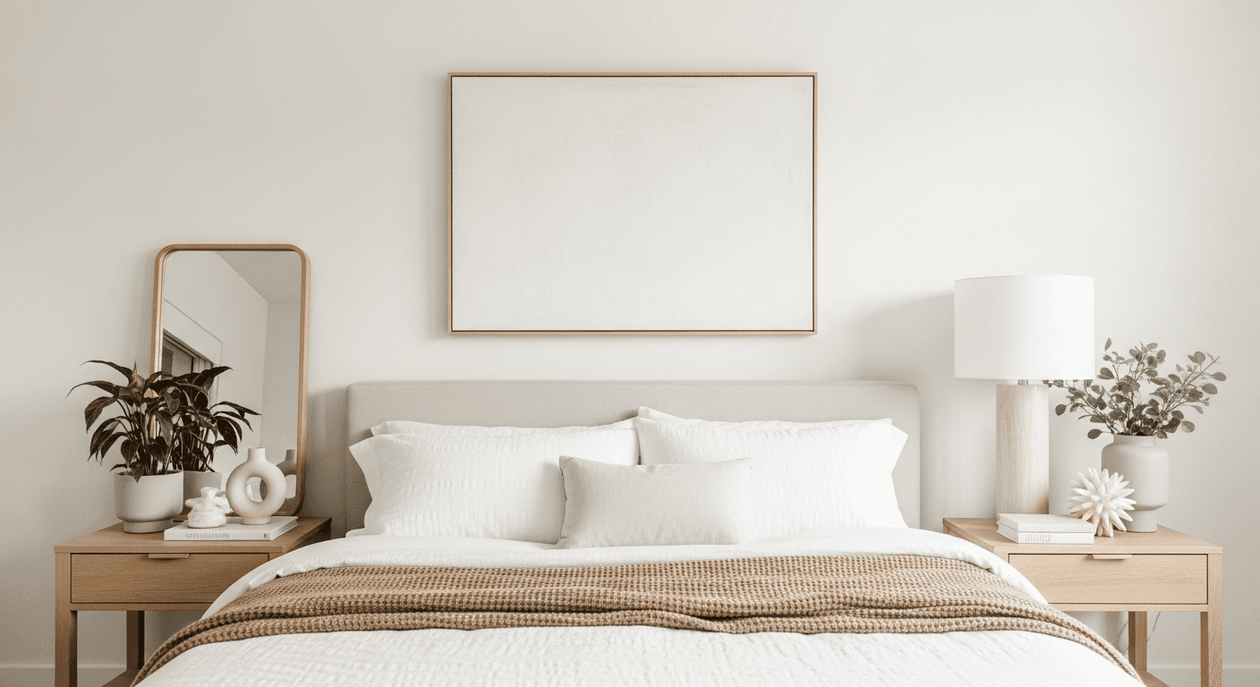 Minimalist bedroom decor featuring simple wall art, plants, and carefully chosen accessories
