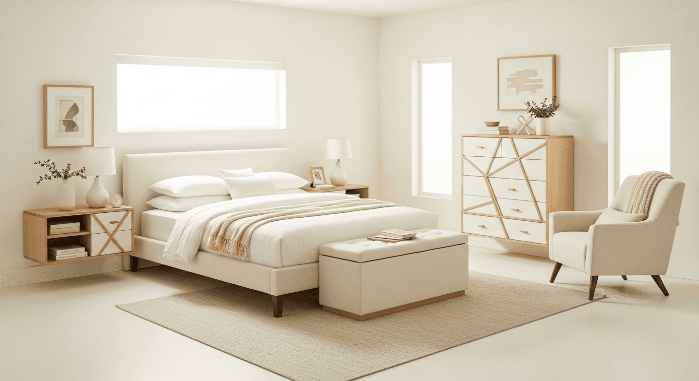 Essential minimalist bedroom furniture including platform bed, floating nightstands, and simple dresser