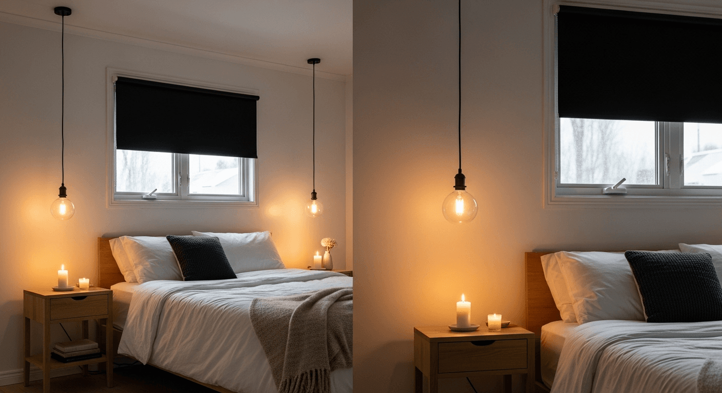Minimalist bedroom lighting featuring pendant lights, table lamps, and natural window light