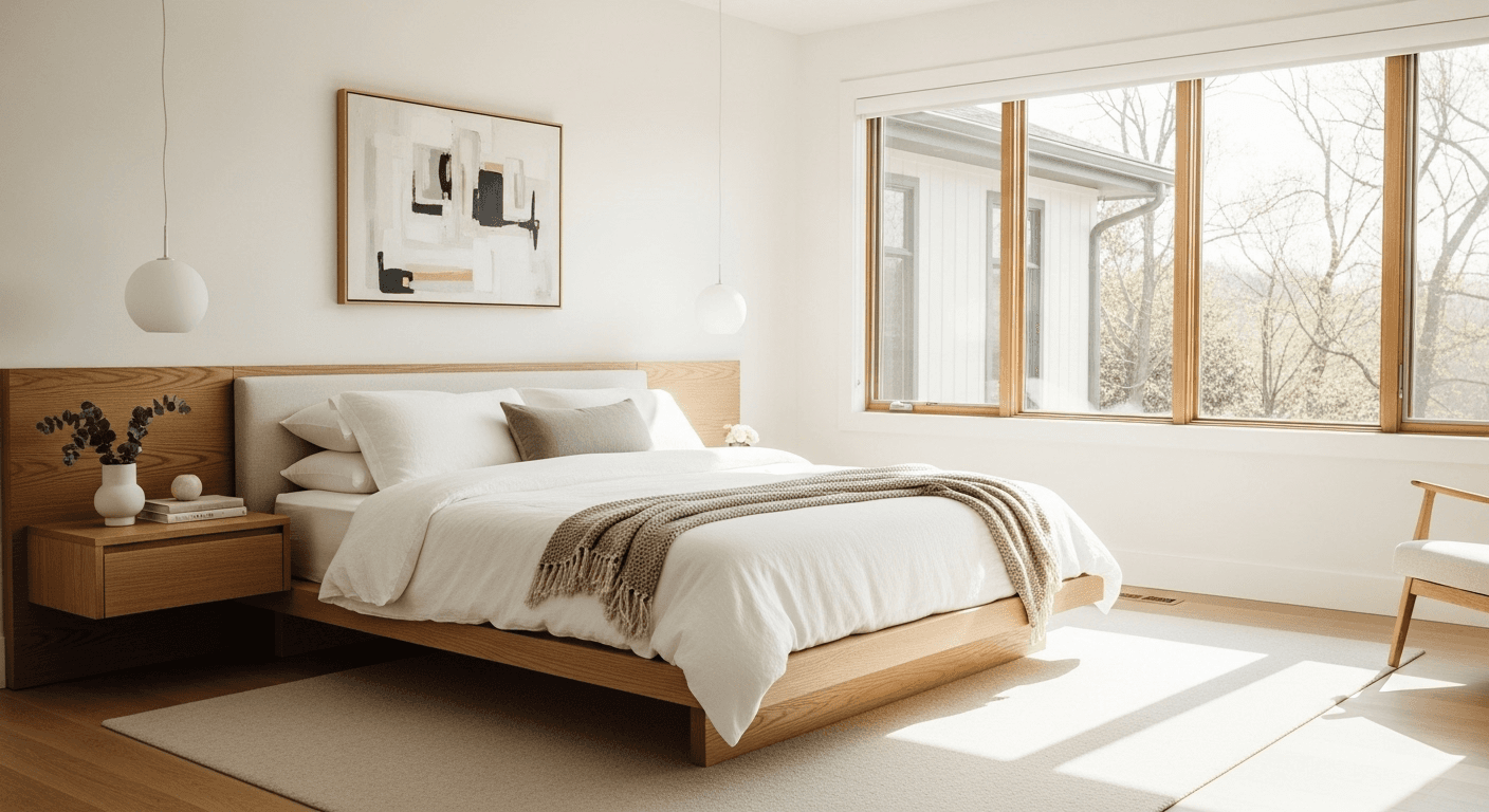 Stunning minimalist bedroom showcase featuring clean lines, neutral bedding, and natural lighting