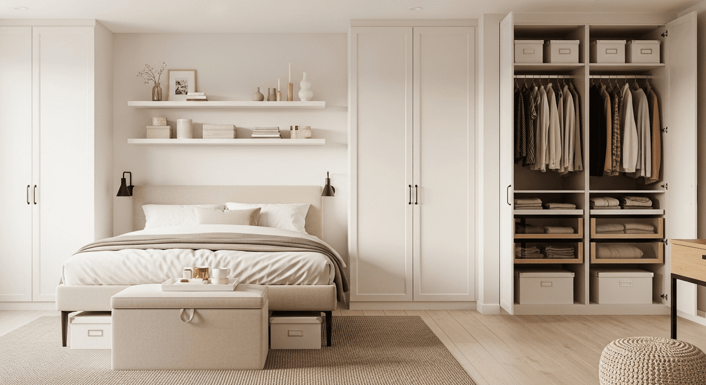 Minimalist bedroom storage solutions including built-in wardrobes, under-bed storage, and floating shelves