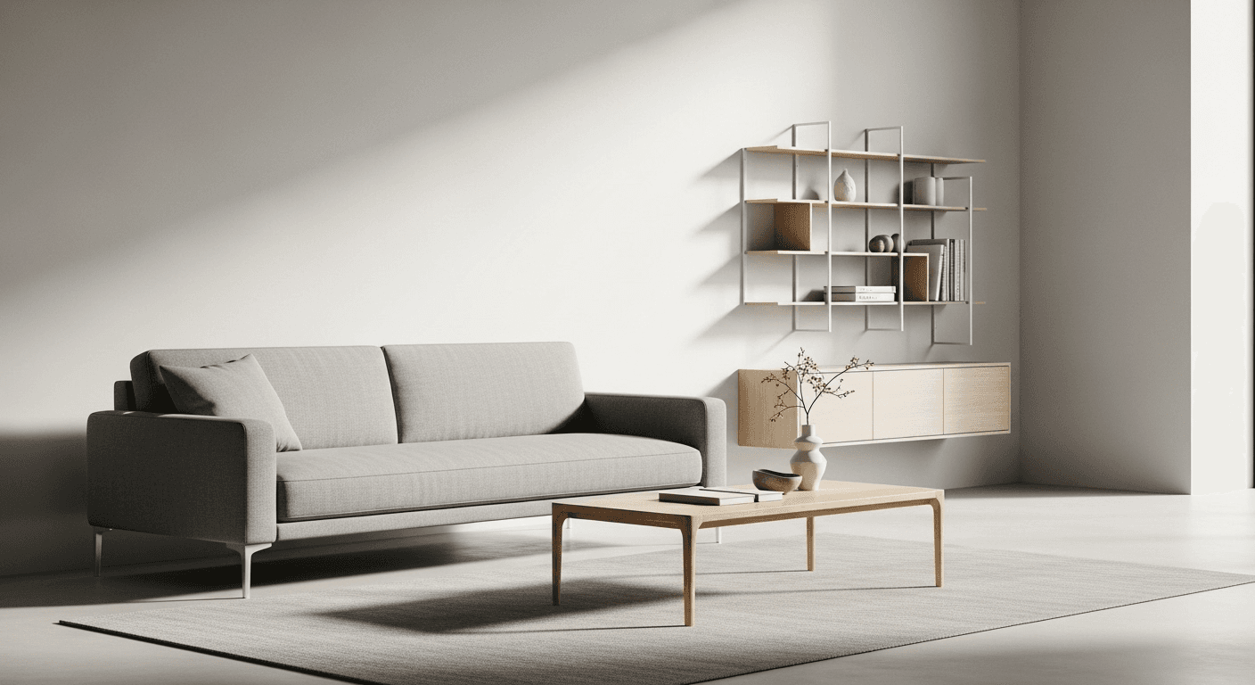 Collection of essential minimalist furniture pieces including sofa, coffee table, and storage solutions