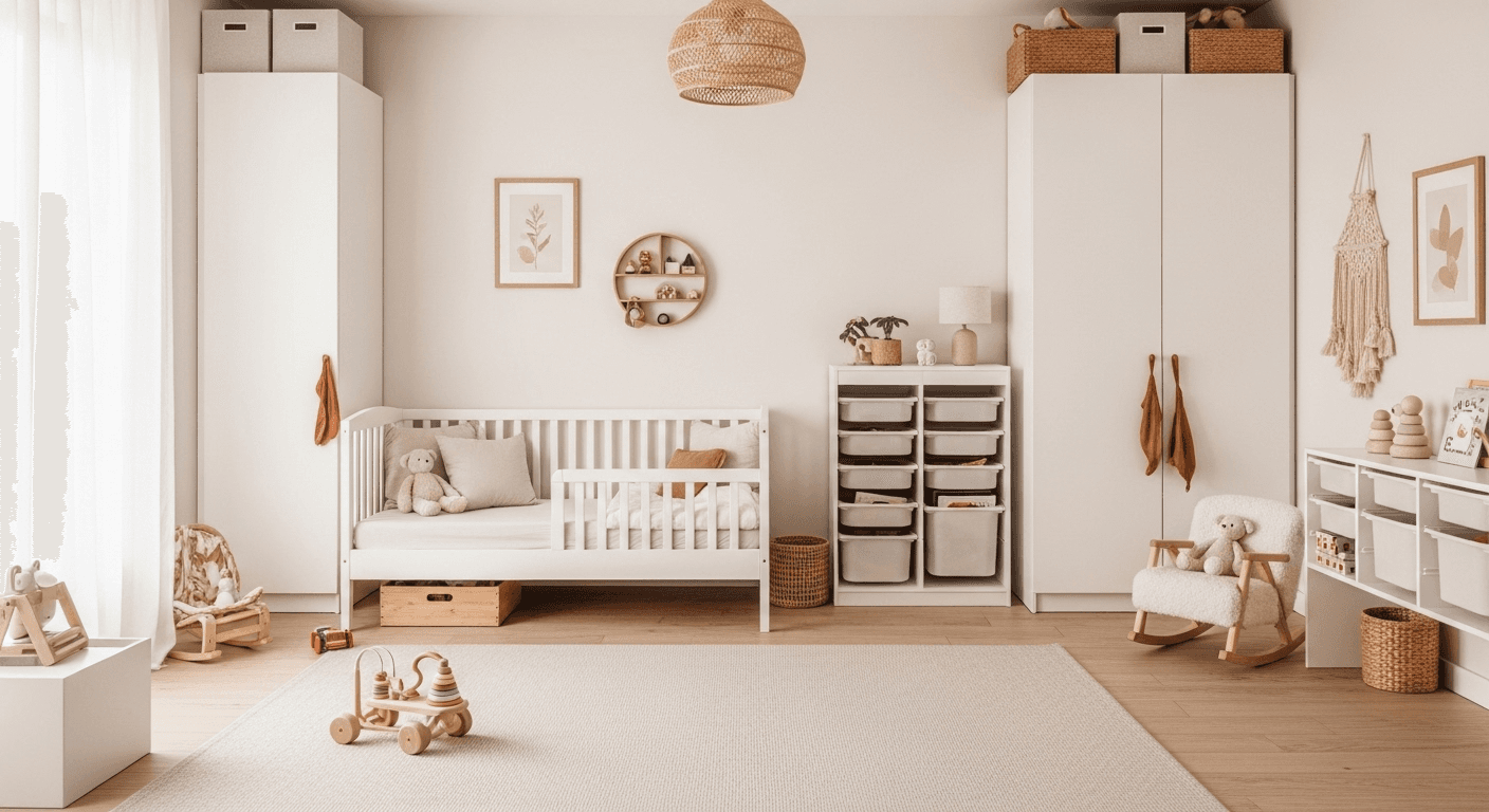 Minimalist kids bedroom with simple furniture, organized storage, and natural materials