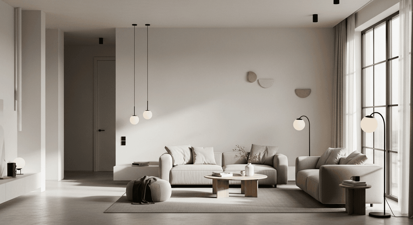 Minimalist living room lighting featuring natural light, pendant lights, and floor lamps