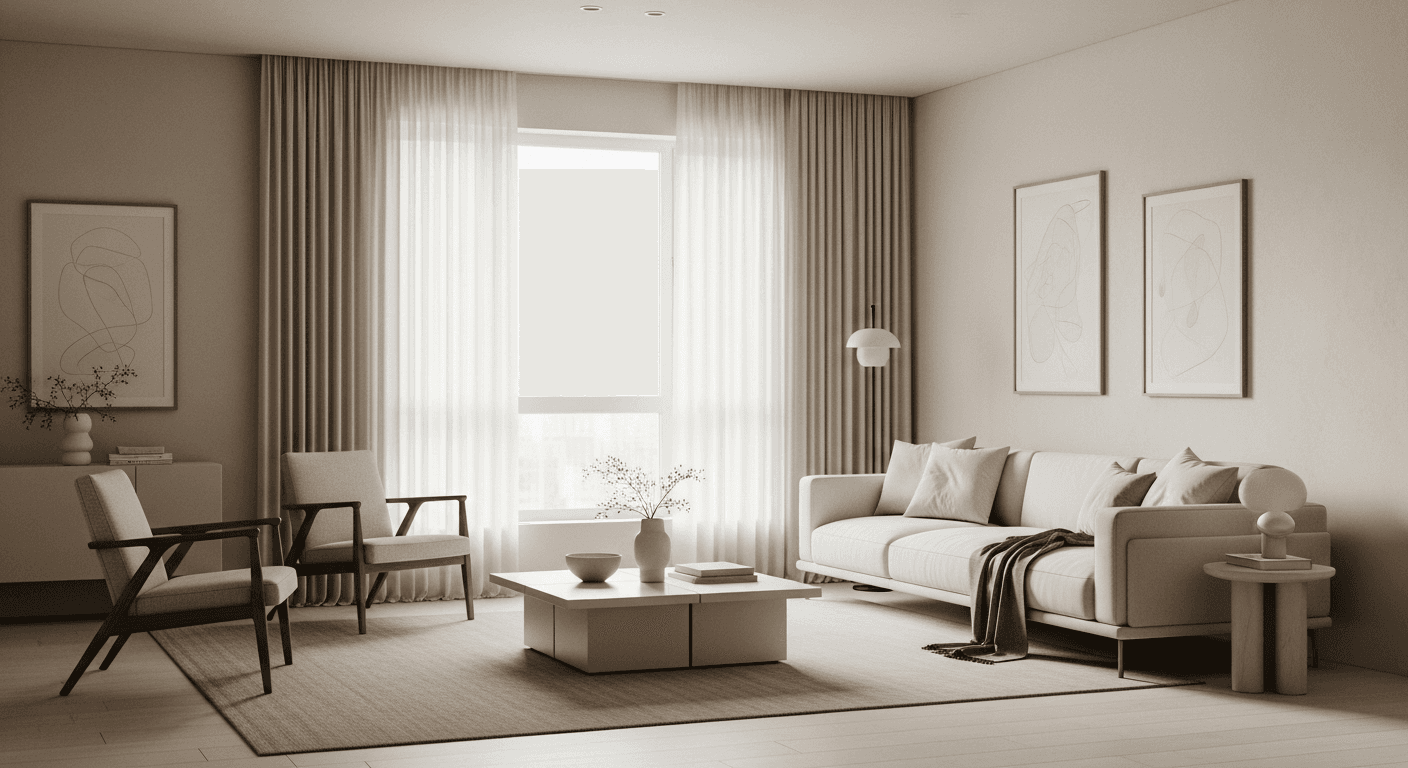 Stunning minimalist living room showcase featuring clean lines, neutral colors, and thoughtful furniture placement