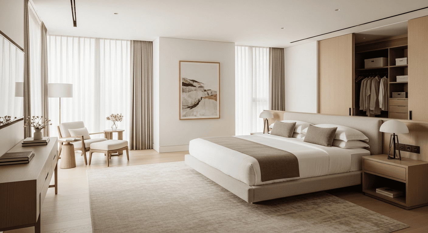 Spacious minimalist master bedroom with sitting area, large windows, and luxurious bedding