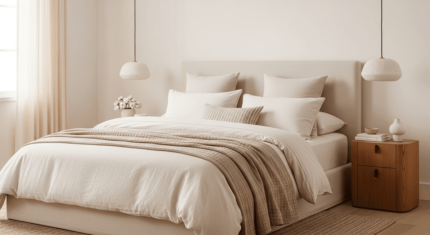 Neutral minimalist bedroom with cream bedding, beige walls, and natural wood accents