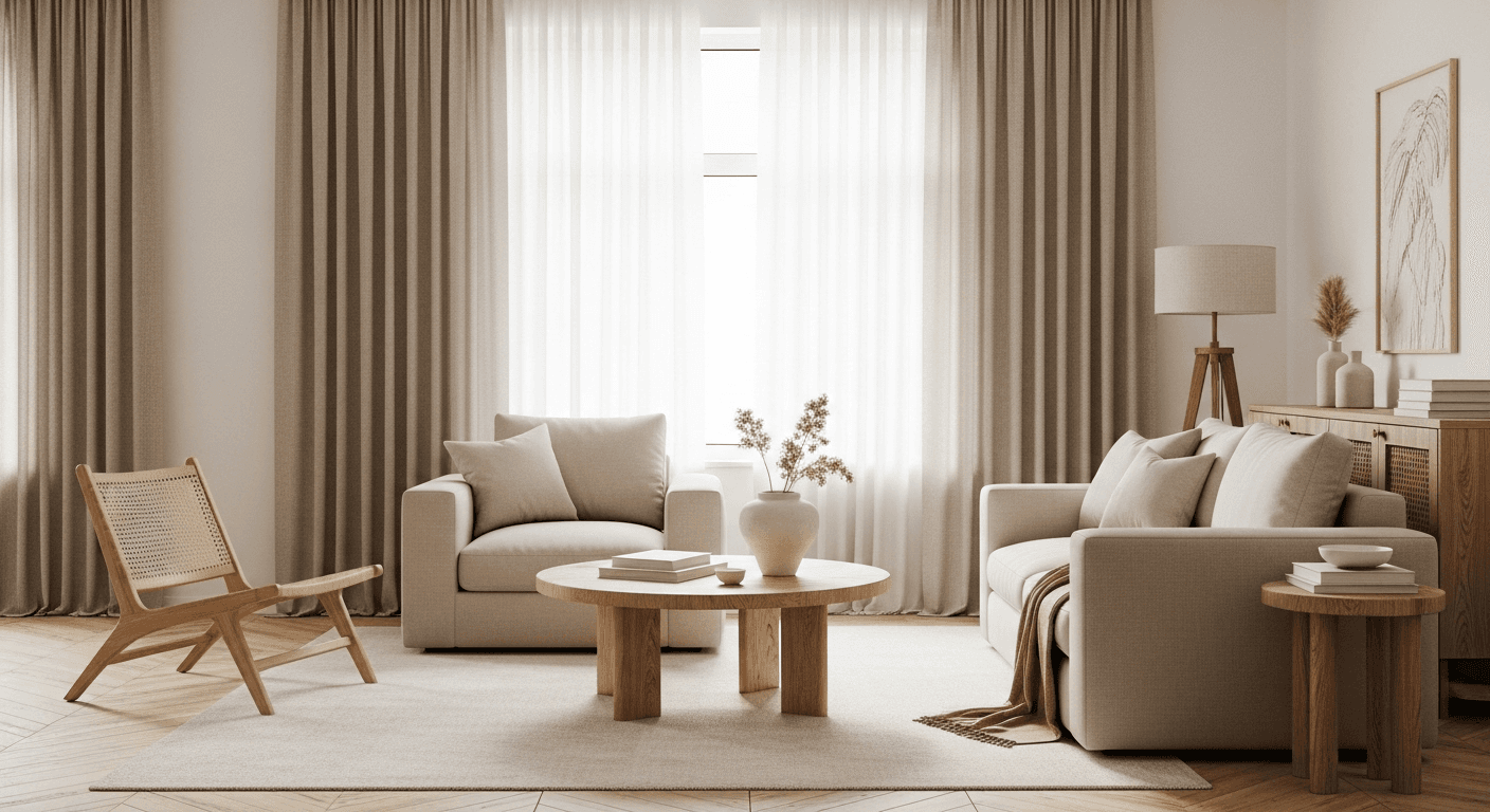 Neutral minimalist living room with beige and white color palette, natural textures, and soft lighting