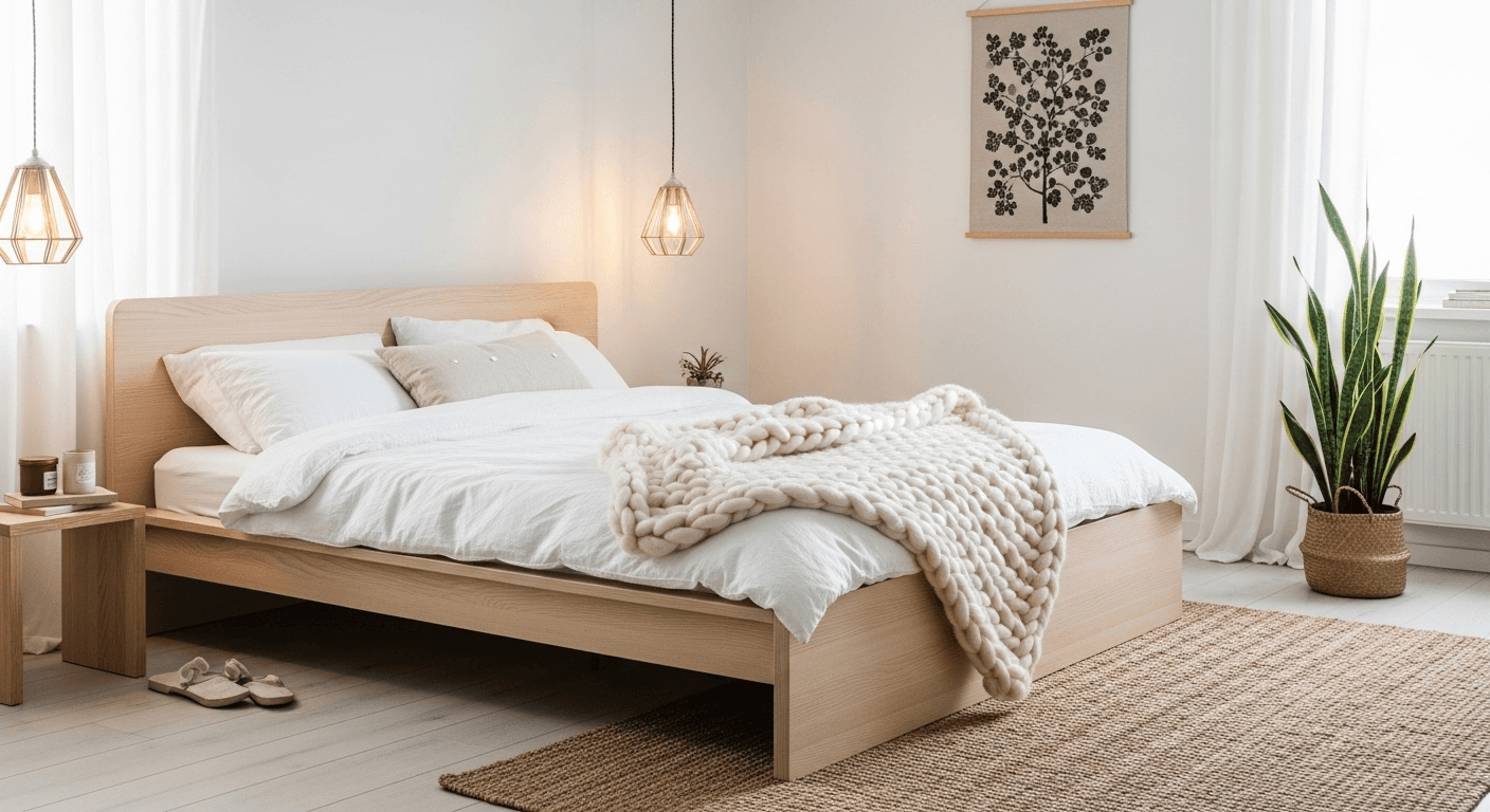 Scandinavian minimalist bedroom with light wood bed frame, white linens, and cozy wool throw