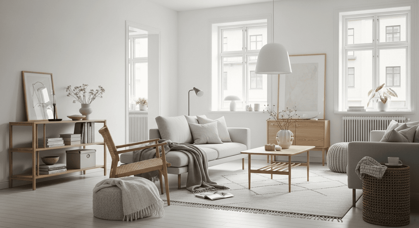 Scandinavian minimalist living room with light wood furniture, white walls, and cozy wool textiles