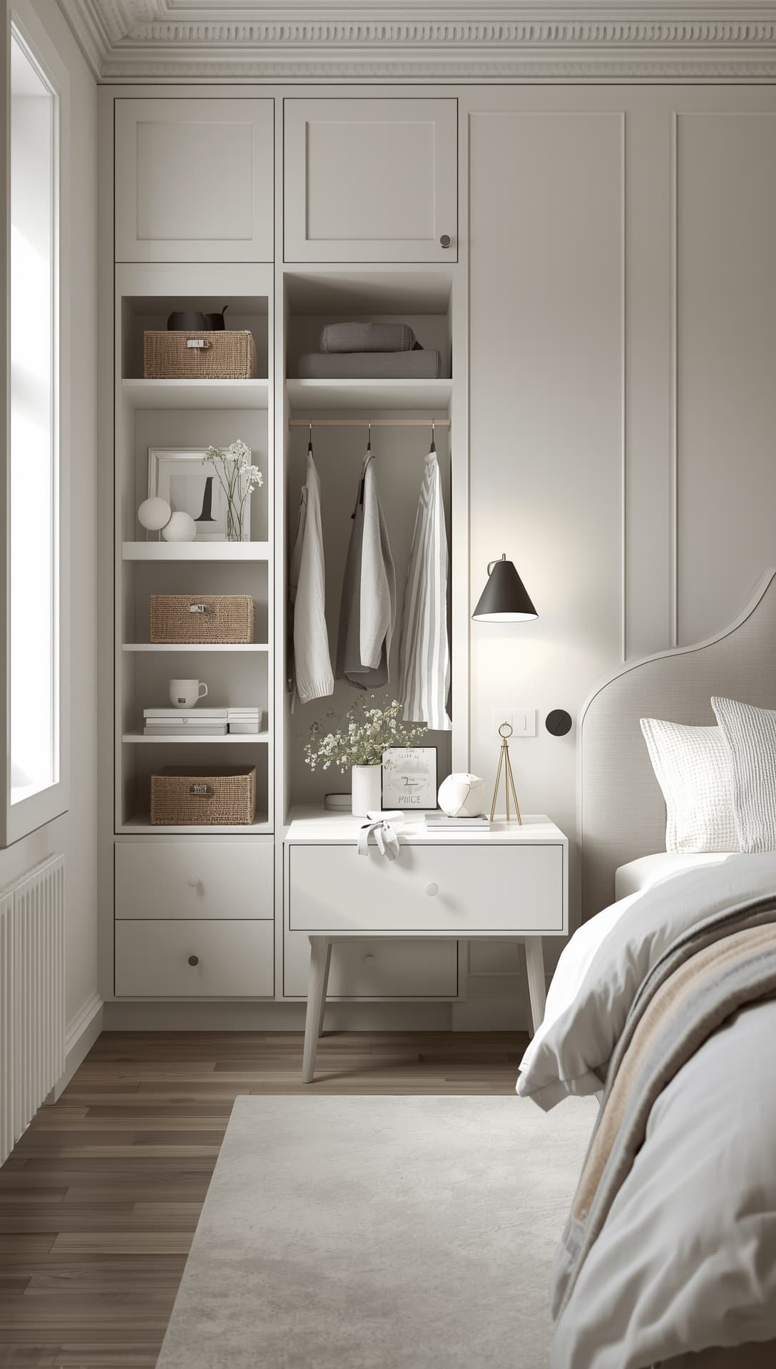 Small bedroom showcasing multiple storage solutions including under-bed storage, wall-mounted shelves, and multi-functional furniture