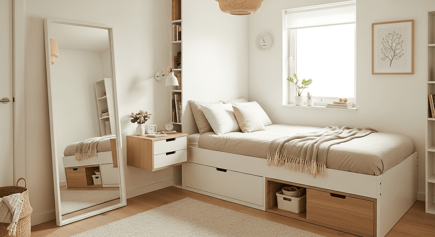 Small minimalist bedroom with storage bed, wall-mounted nightstands, and mirrors to expand space