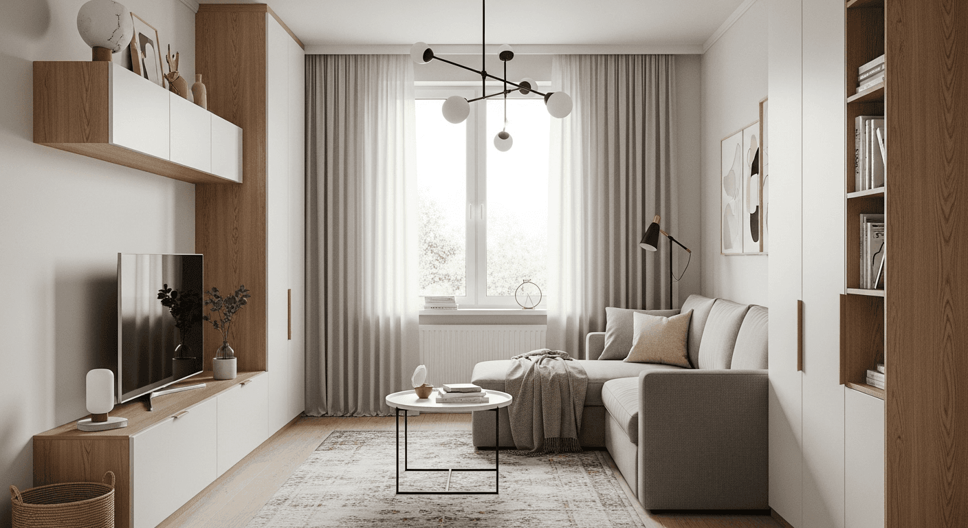 Small space minimalist living room with multi-functional furniture and clever storage solutions