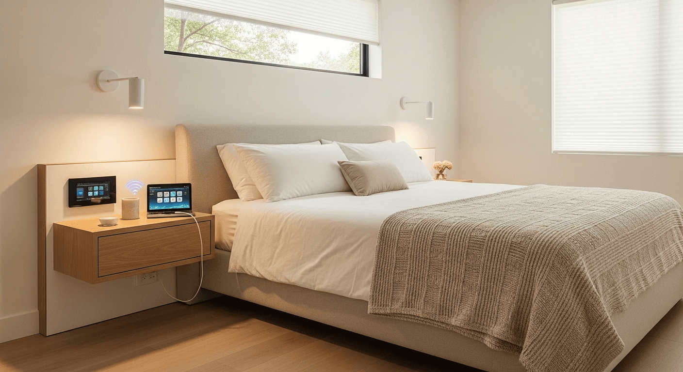 Smart minimalist bedroom with hidden technology, wireless charging, and automated systems
