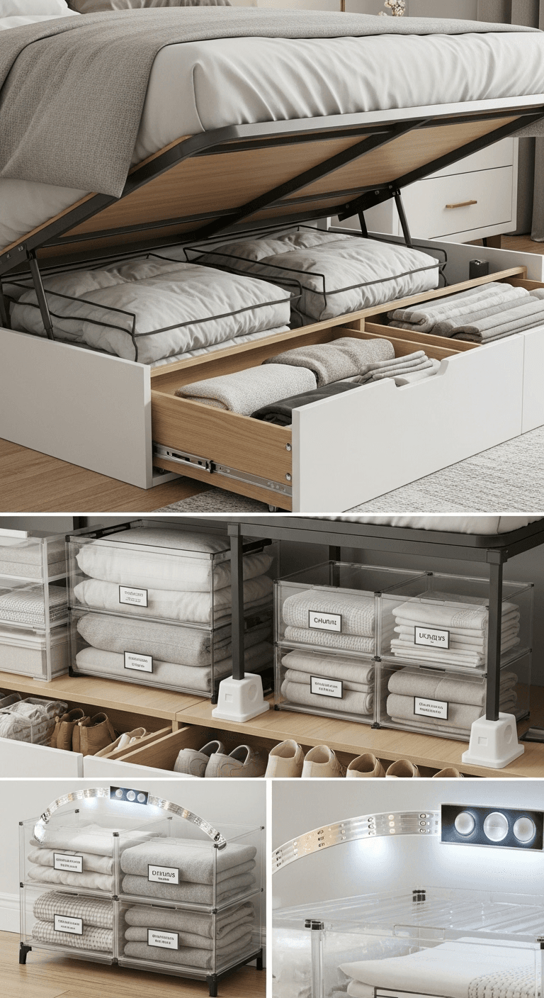 Various under-bed storage options including rolling drawers, vacuum-sealed bags, and modular storage containers