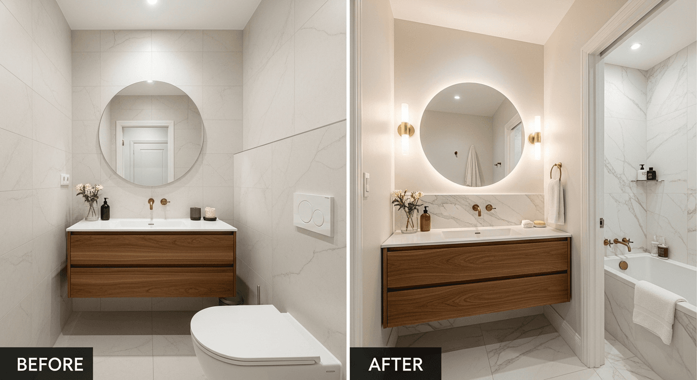 A stunning before-and-after transformation of a tiny bathroom showcasing clever storage solutions