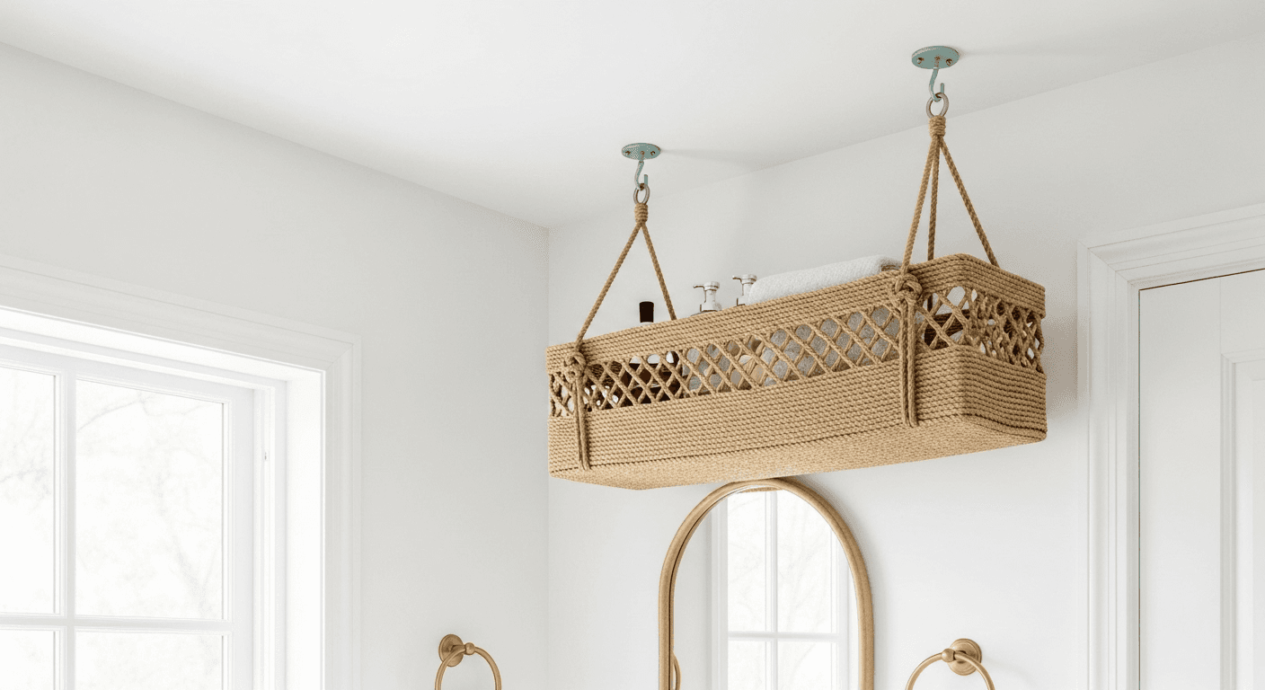 Ceiling-mounted basket storage with rope details and soft lighting
