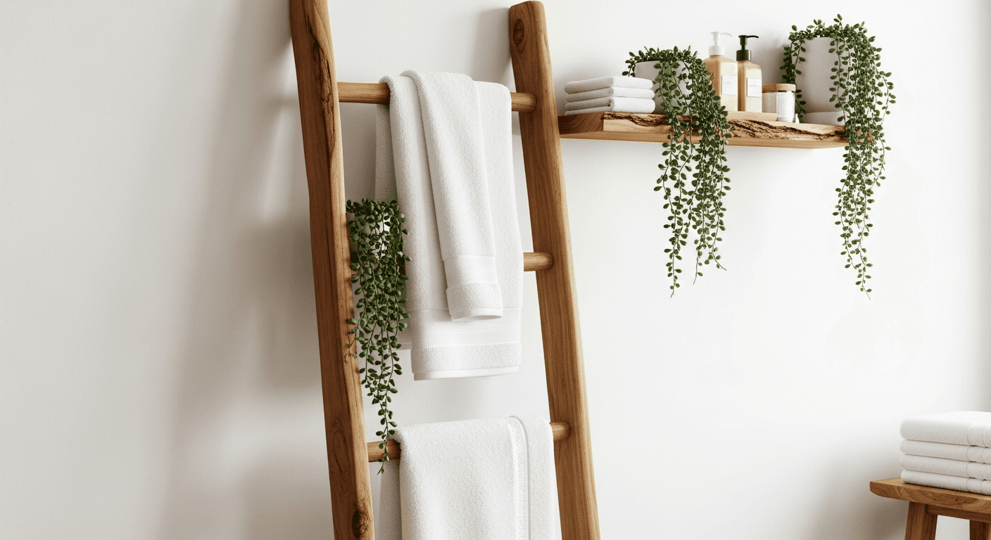 Rustic wooden ladder shelf with folded towels and trailing plants