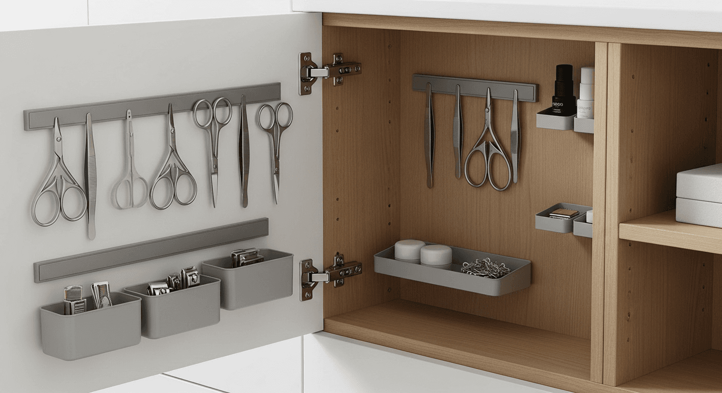 Inside of cabinet door showing magnetic strips with organized small items