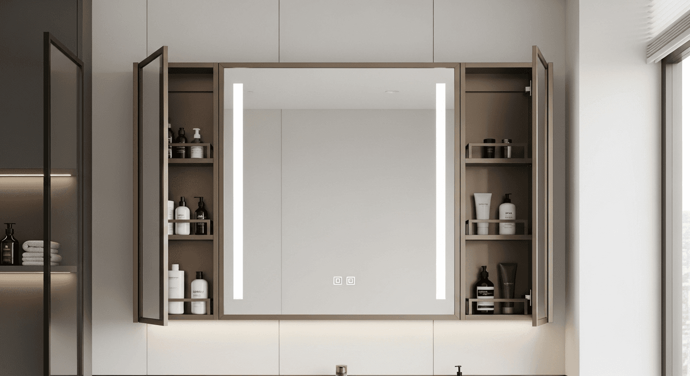 Large mirrored medicine cabinet with integrated LED lighting
