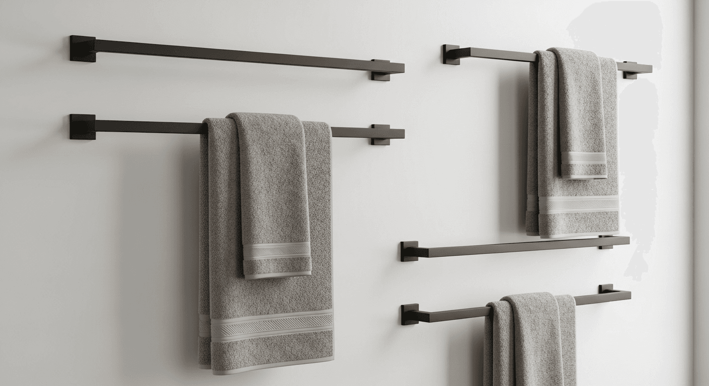 Multiple towel bars arranged artistically on a wall with luxurious towels
