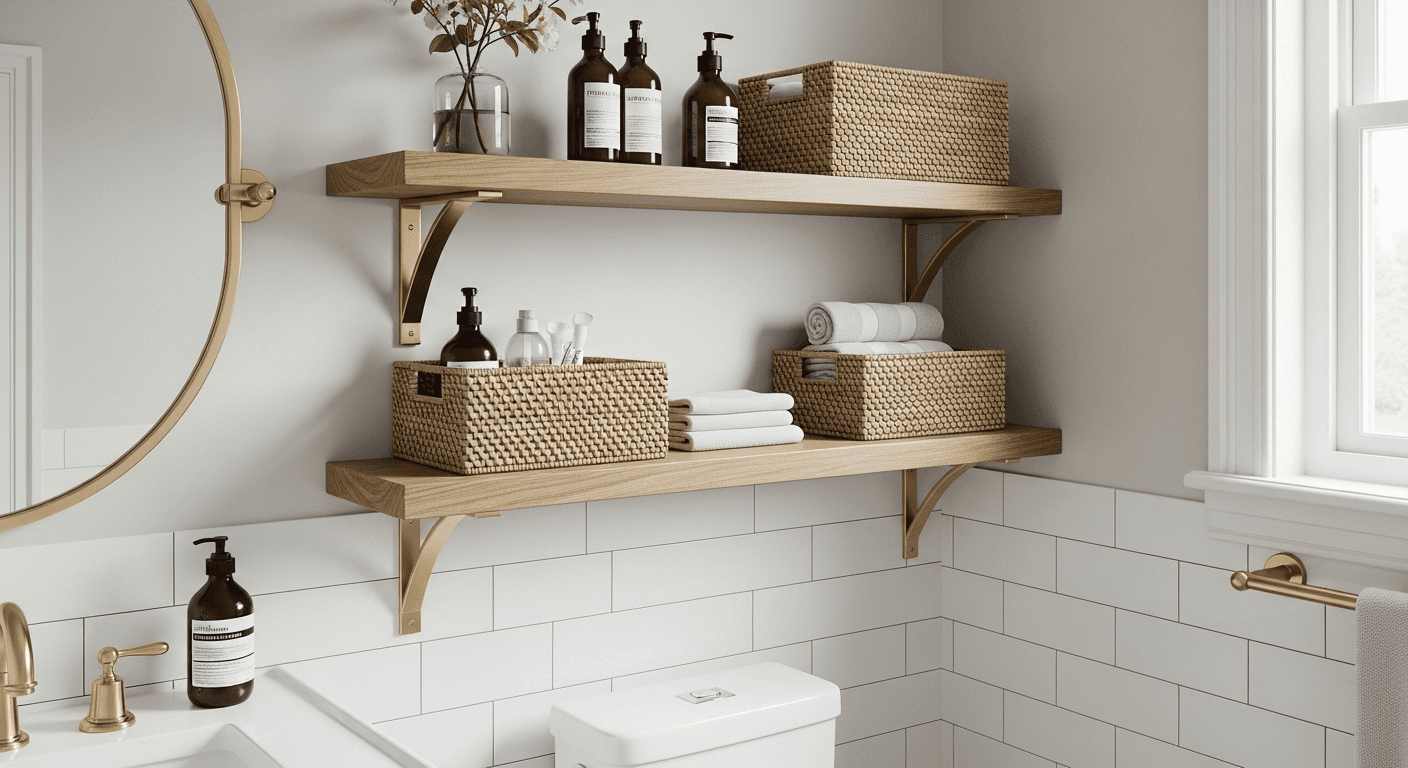 Sophisticated over-toilet shelving with brass accents and woven baskets