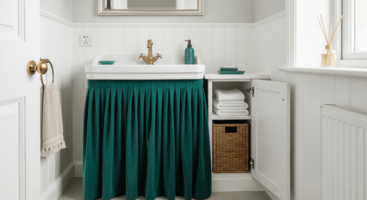 Pedestal sink with elegant fabric skirt in rich blue velvet