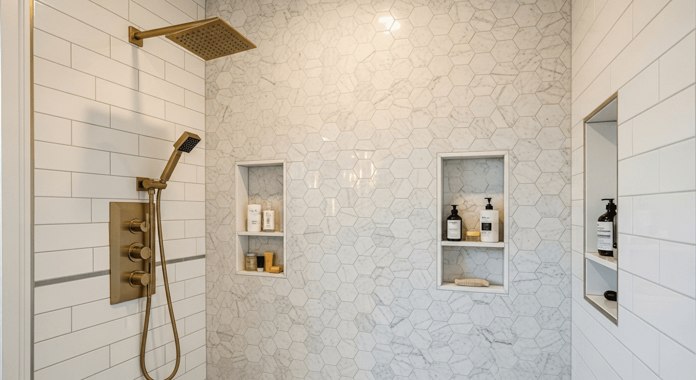 Elegant shower niche with contrasting tile work and brass fixtures