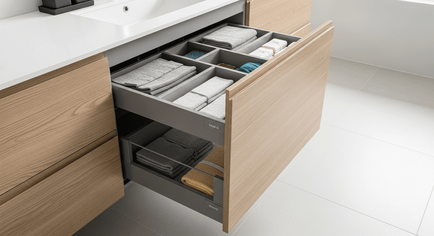 Toe-kick drawer pulled out showing organized flat items