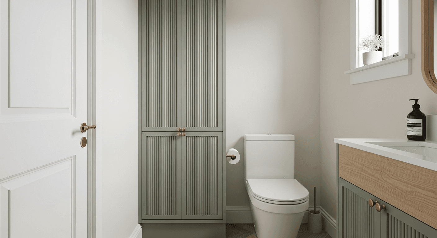 Tall, narrow cabinet with fluted wood finish next to a modern toilet